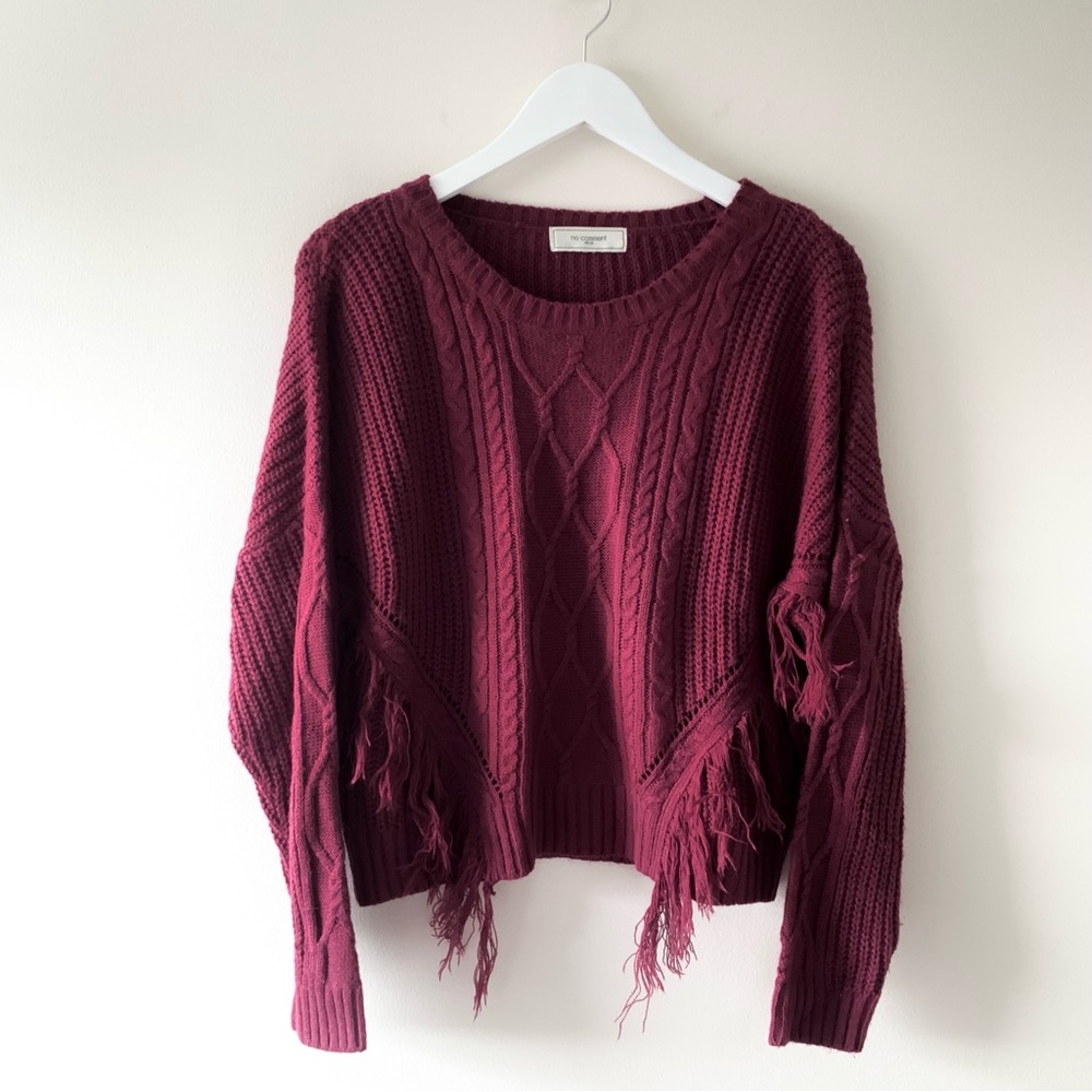 No Comment Maroon Fringe Cable Knit Sweater Size Large L